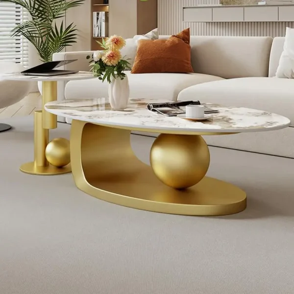 Modern Stone Coffee Table with Abstract Metal Base